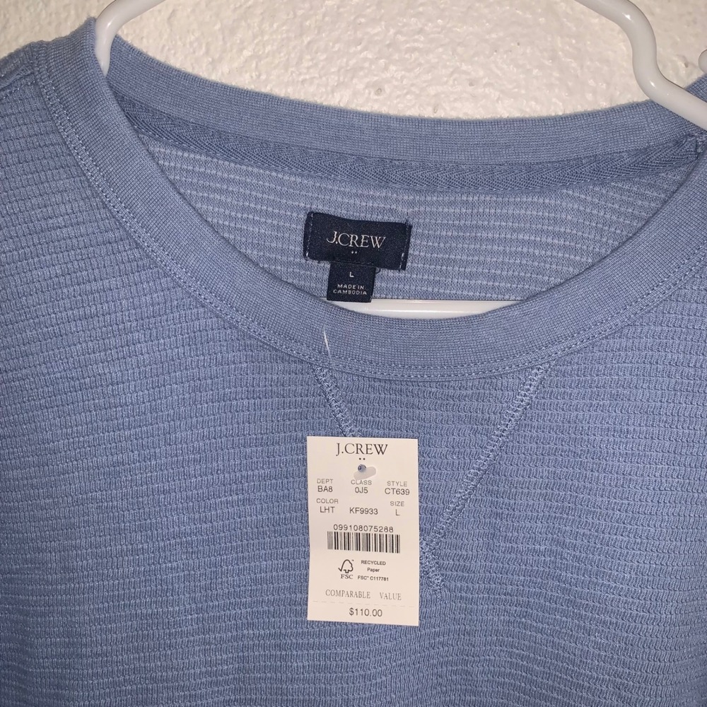 J.Crew Mens Waffle Knit Crewneck Sweatshirt Light Blue CT639 Large NWT